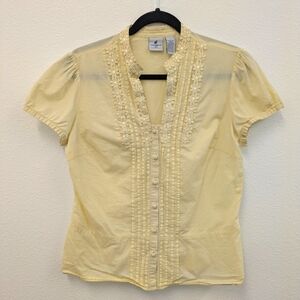 Caribbean Joe Butter Yellow Embroidered Button Down V Neck Top